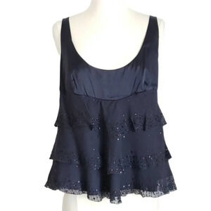 Diane Von Furstenberg Blue Beaded Silk Ruffle Sleeveless Top